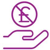 Icon showing a hand holding a coin with a line through it