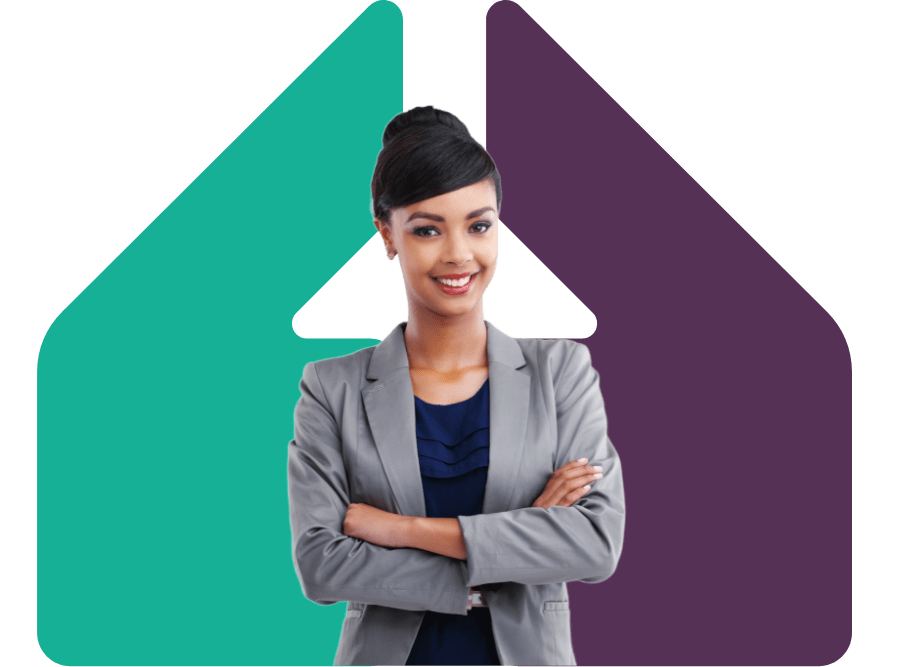 Image of a woman smiling in front of the JLWM logo