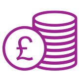 Icon showing stacked coins with a pound sign in a circle next to them