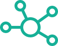 Icon showing a network of circles connected to a larger one