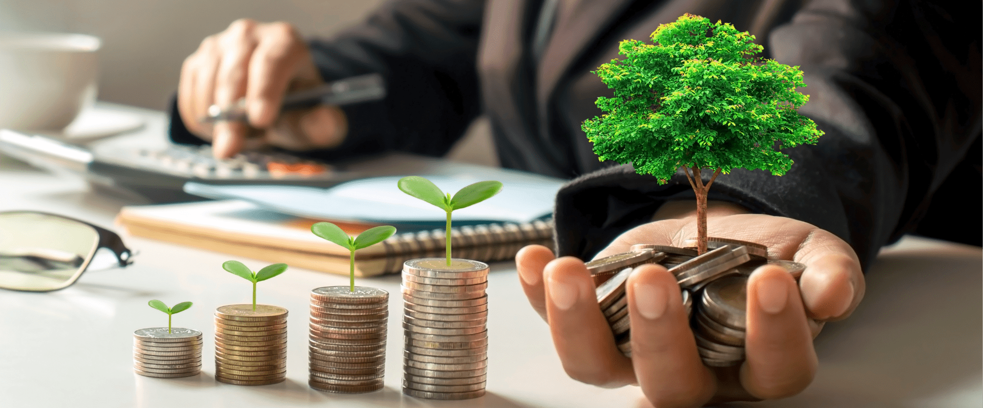 Image showing a man holding a tree and some coins